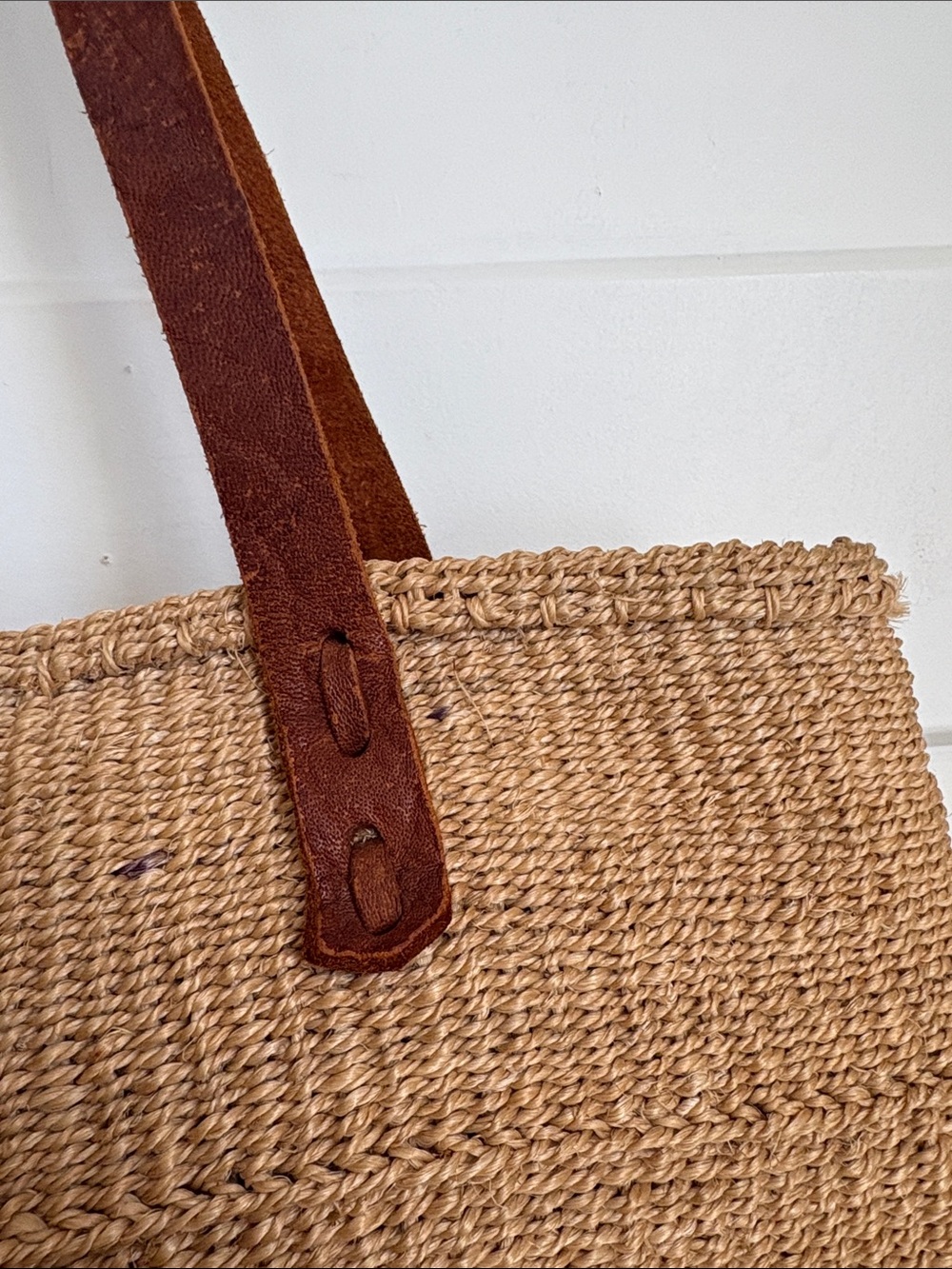Woven Straw Tote Bag with Brown Leather Straps - Picture 3 of 9